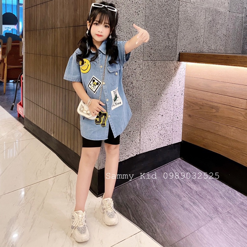 Set Áo Jean hình ngộ nghĩnh Quần legging đùi cho bé gái size đại 17-43kg cá tính