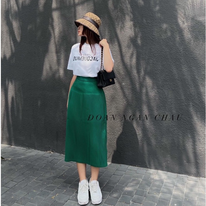 Set áo phông chữ mix chân váy xếp li xanh DN605