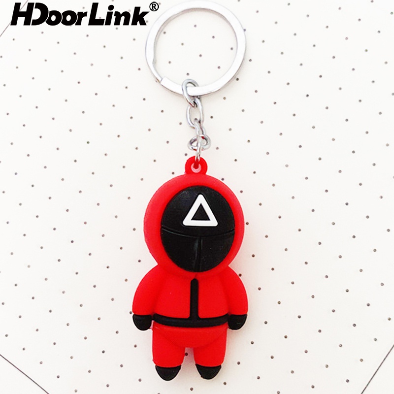 Móc khóa HdoorLink hình búp bê đeo mặt nạ Squid Game tròn vuông tam giác thumbnail