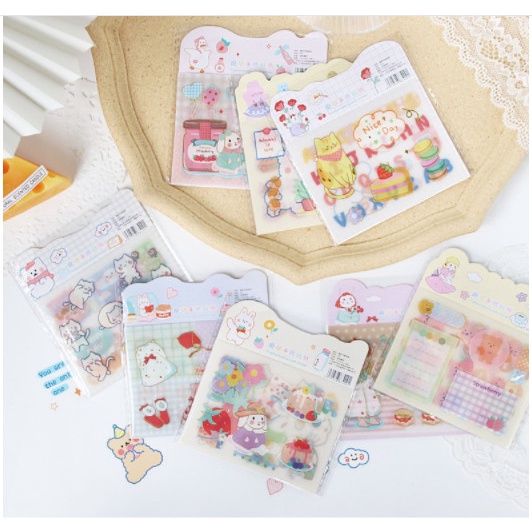 Set 4 tờ sticker dạng washi nhám độc đáo thỏ, gấu, bong bóng trò chuyện hoạt hình dễ thương
