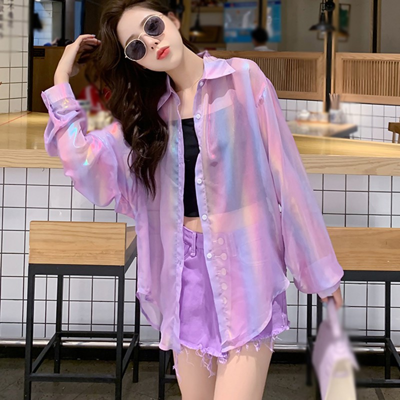 Áo Sơ Mi Chiffon Màu Trơn Dáng Rộng Chống Nắng Thời Trang Mùa Hè Cho Nữ