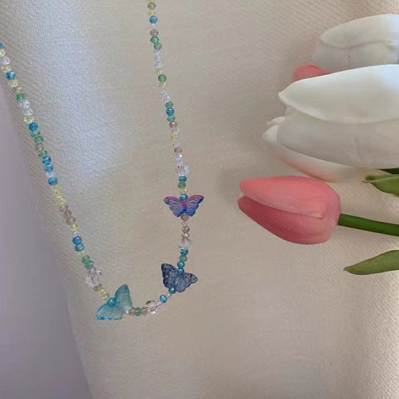Vòng cổ Chuỗi Hạt Pha Lê Xanh Dương Handmade Mặt Bướm