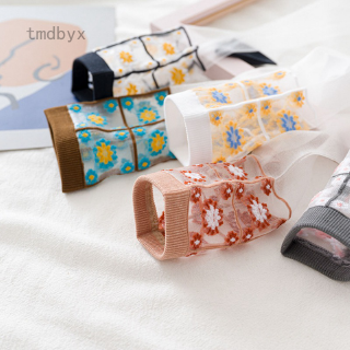 Tmdbyx Tất lưới vải in hoa cúc màu trắng đen phong cách nhật bản cho bạn gái