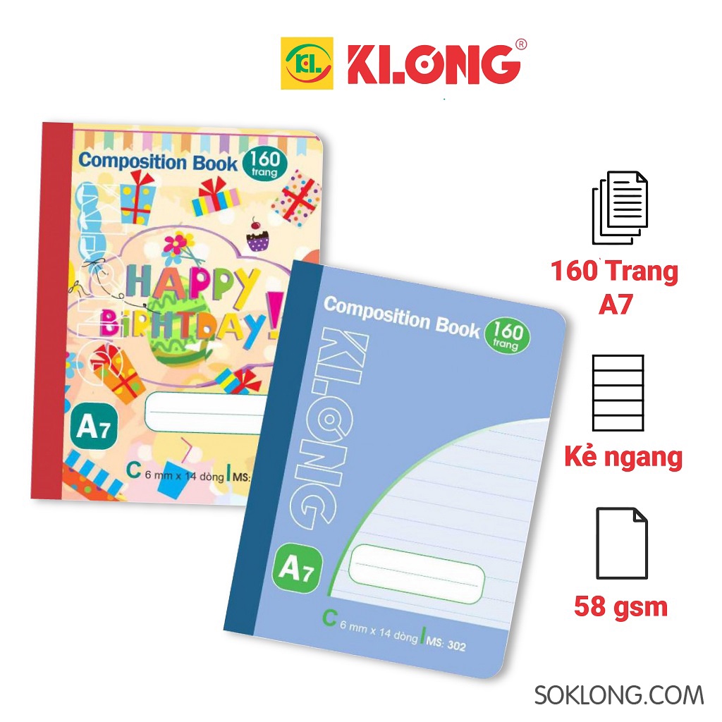 Sổ may dán gáy A7 160 trang kẻ ngang bỏ túi tiện lợi, vở Klong MS302