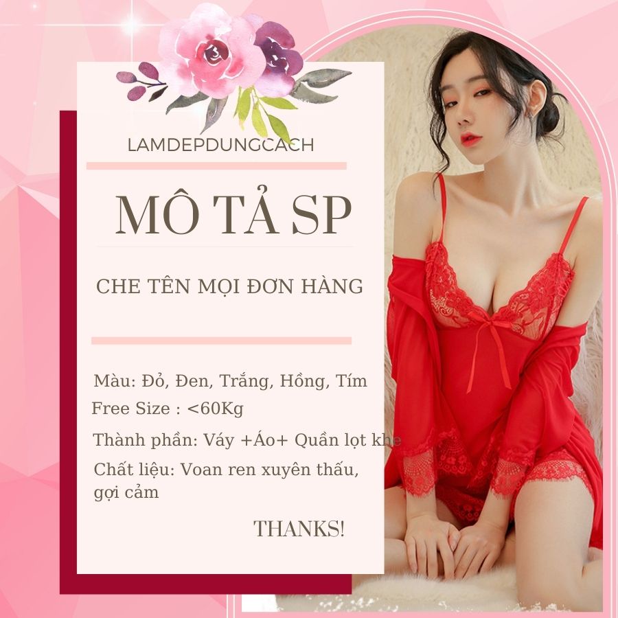 Váy ngủ sexy - Đầm ngủ sexy ren voan mỏng có kèm áo choàng thắt dây màu đỏ, hồng, trắng LAMDEPDUNGCACH-CT1083