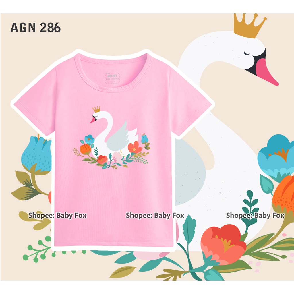 Áo bé gái 100% cotton loại tốt, thương hiệu BABY FOX, hình thiên nga, kẹo 10-55 kg f