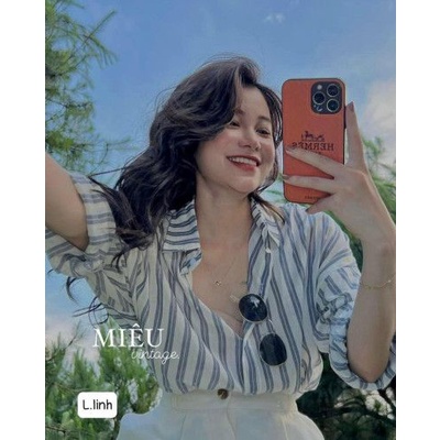 Áo sơ mi kẻ sọc xanh dài tay unisex