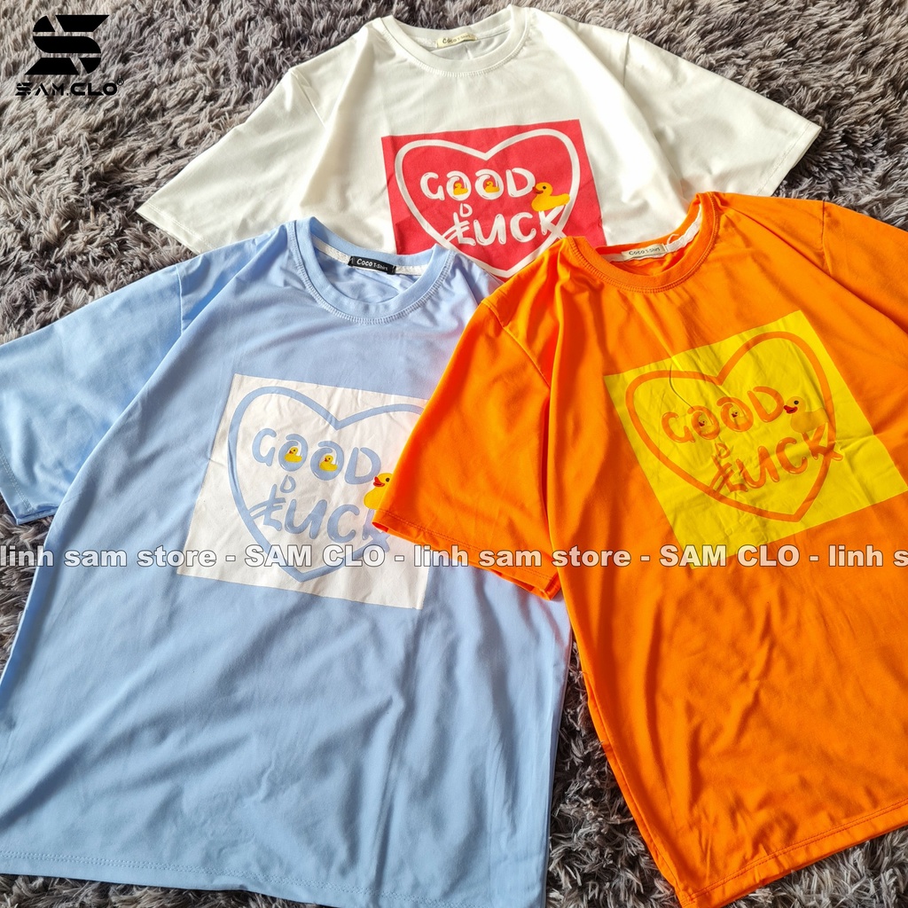Áo thun nữ tay lỡ SAM CLO freesize phông form rộng dáng Unisex, mặc lớp, nhóm, couple hình TRÁI TIM chữ GOOD LUCK