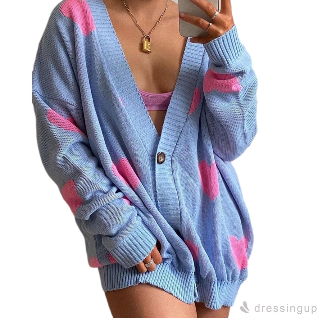 Đầm Tay Dài Cổ Chữ V In Họa Tiết Hoa / Trái Tim Thời Trang Cho Nữ