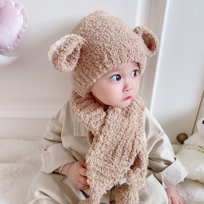 Mũ+Khăn Choàng Cổ Dệt Kim Màu Trơn Phong Cách Hàn Quốc Giữ Ấm Cho Bé Sơ Sinh Có Thể Mua Lẻ