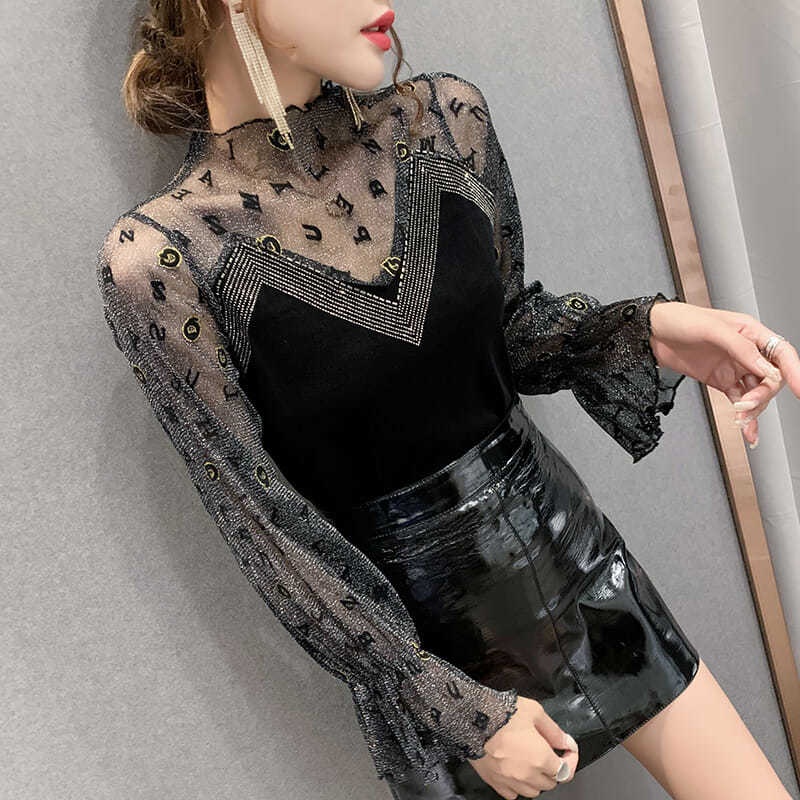 Áo Lưới Tay Dài Chất Liệu Nhung Phối Ren Quyến Rũ Thời Trang Xuân Thu Phong Cách Phương Tây