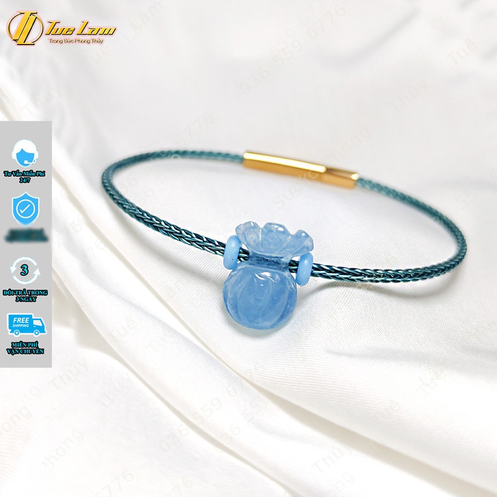Vòng tay charm túi tiền aquamarine xanh dương hợp mệnh thủy mộc, chiêu tài  hút lộc - Tuệ Lâm