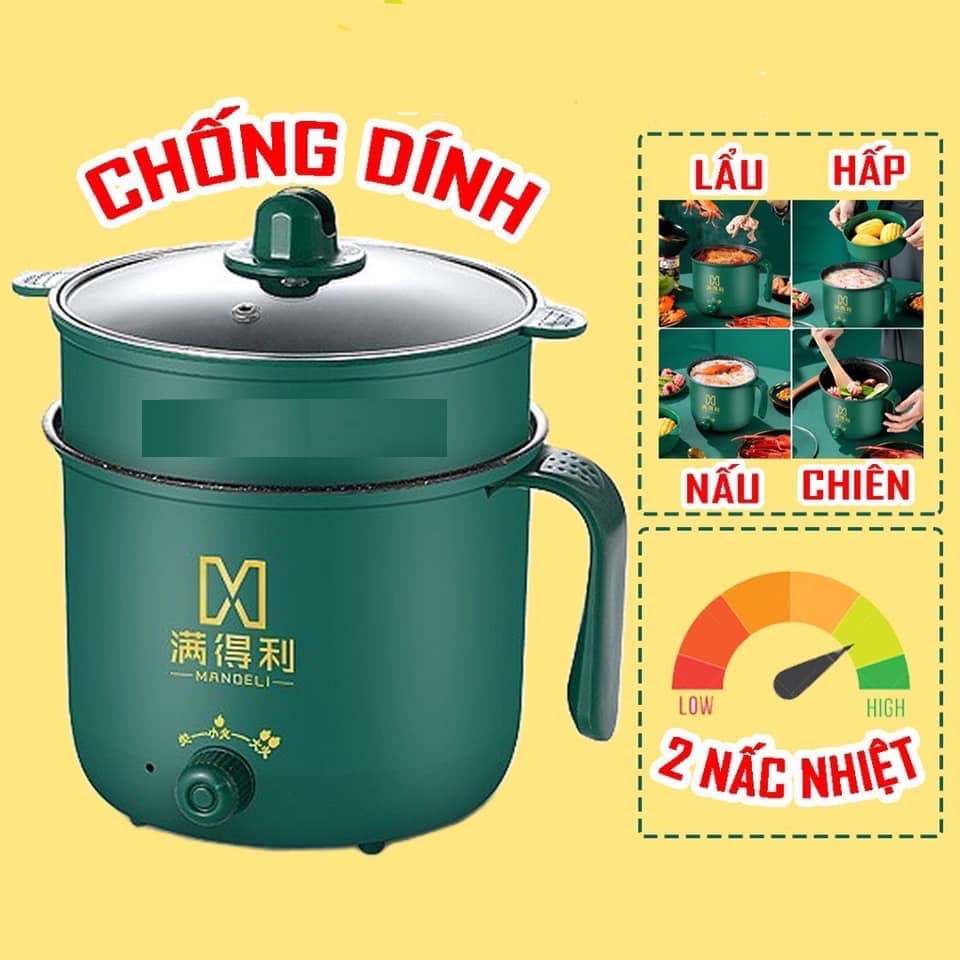 Nồi Lẩu Điện Mini, Nấu Mì 2 Tầng Kèm Giá Hấp Đa Năng Nướng, Luộc, Chiên Chống Dính Vấn Đá Tiện Lợi, Ca nấu mì mẫu mới