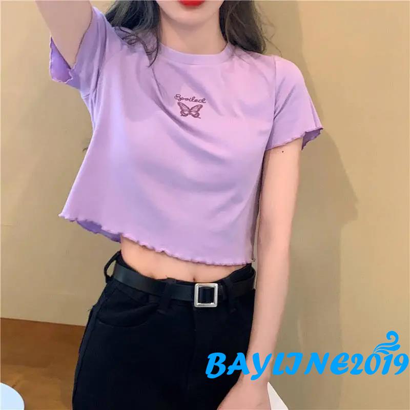 Áo Crop Top Tay Ngắn Hoạ Tiết Cánh Bướm Thời Trang Cho Phụ Nữ