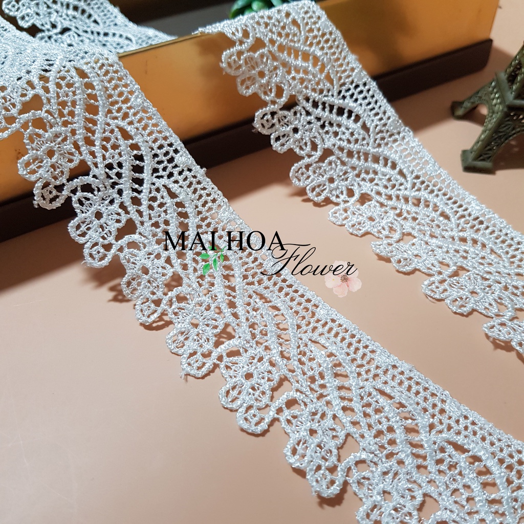 [Size 5cm] 10 mét Dây viền ren trắng thêu hoa lá siêu xinh dùng trang trí váy áo, RC35 Maihoaflower
