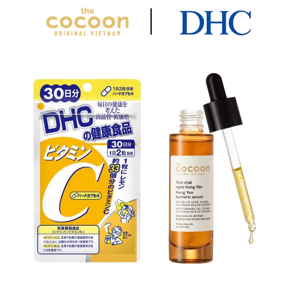 Combo sáng da, mờ thâm, ngừa mụn từ trong ra ngoài ( Vitamin C - 30 ngày DHC và Tinh chất nghệ Hưng Yên cocoon 30ml )