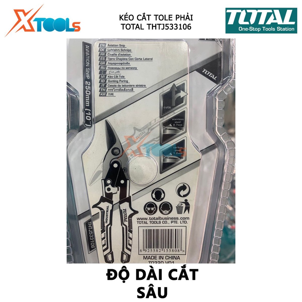 Kéo cắt tole phải TOTAL THTJ533106 | kéo cắt tôn chiều dài 250mm (10inch) độ dày cắt tối đa thép carbon ≤ 1.2mm, thép kh