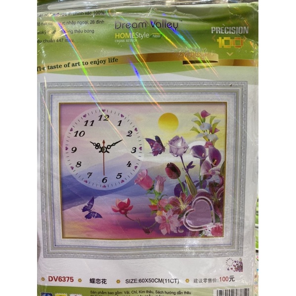 Tranh thêu Chữ thập ĐỒNG HỒ HOA HỒNG Dream valley mẫu mới DV6375(60x50 cm) chưa thêu