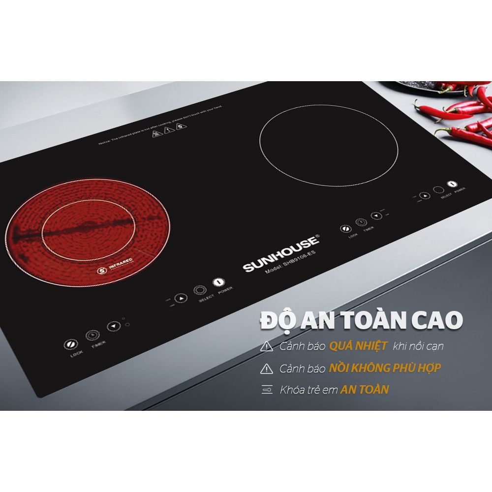 Bếp đôi điện từ hồng ngoại Sunhouse SHB9106-ES, Bảo hành 3 năm tại nhà