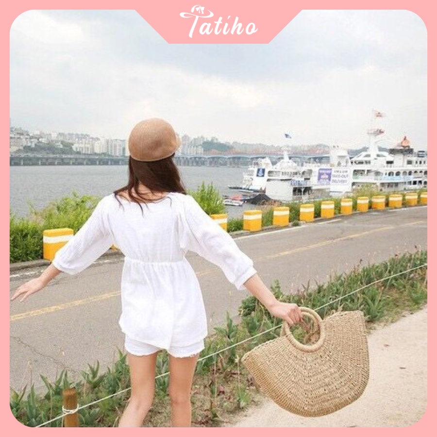 Túi Cói Đi Biển Xách Tay Hình Bán Nguyệt Vintage Thời Trang Đi Biển - Tatiho - Mã TUI65