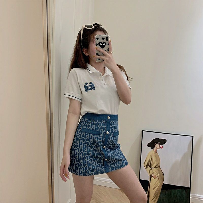 set áo cổ bẻ mix chân váy cúc ngọc