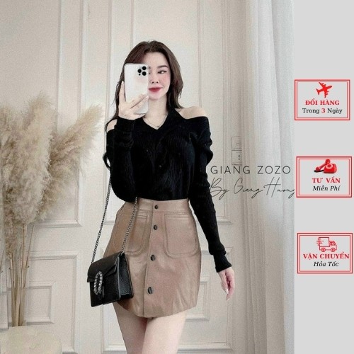 Áo len thừng nữ hở vai dáng ôm body màu nâu be đen ulzzang Hàn Quốc thu đông