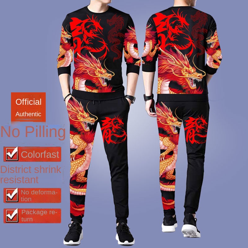 Set đồ thể thao dài tay dáng rộng in họa tiết phong cách Hàn Quốc cho nam