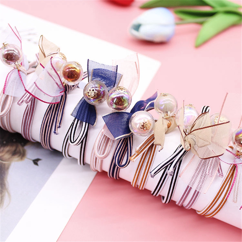 Dây thun buộc tóc bằng chất liệu cao su phối họa tiết sọc ngang đơn giản xinh xắn dành cho nữ