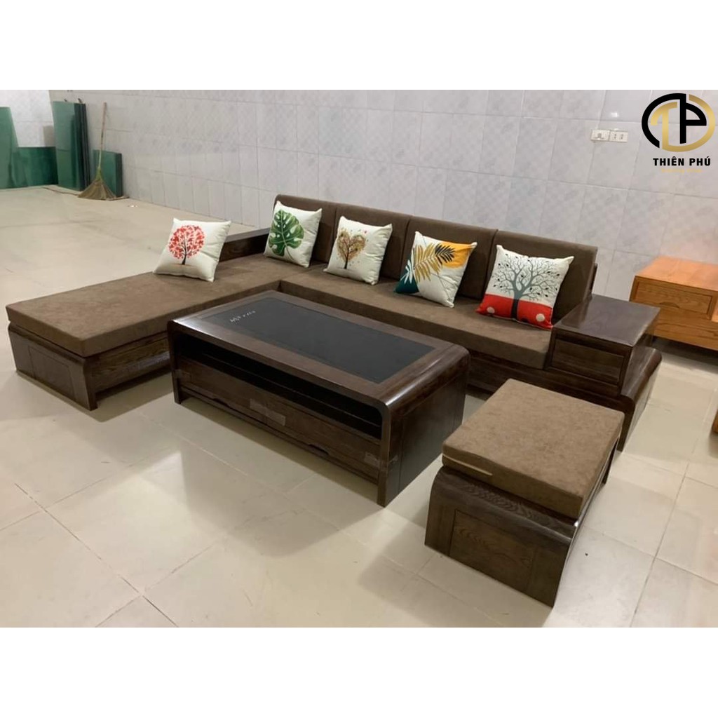 Sofa gỗ sồi chữ L chân cuốn TPG - 17