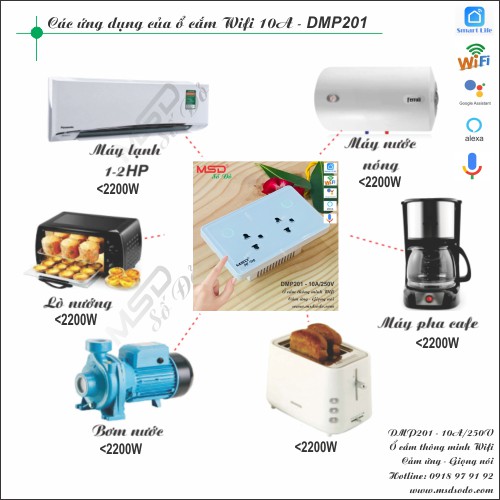 Ổ CẮM WIFI GIỌNG NÓI ÂM TƯỜNG - 2 Ổ CẮM 3 CHẤU ĐA NĂNG 10A - MẶT KÍNH MÀU TRẮNG - DMP201