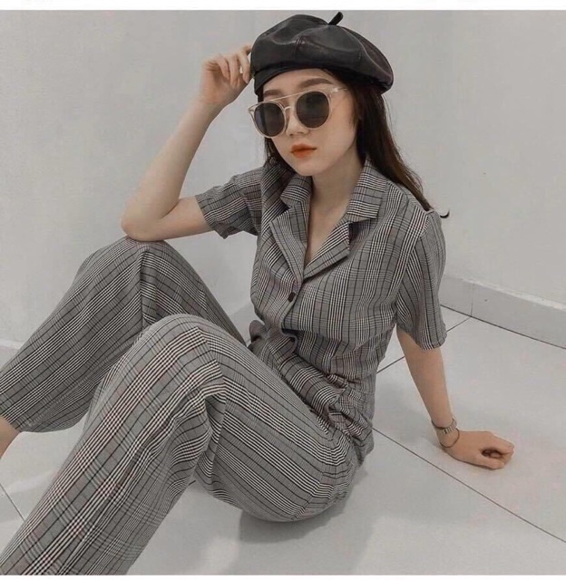 Sét bộ kate thái sọc kẻ phối áo cổ ves croptop