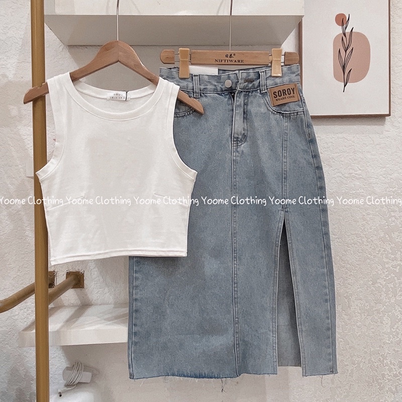 Chân váy bò dài xẻ đùi, chân váy jean dài xẻ QCCC chất bò dày dặn size S M L cho nữ Yoome clothing