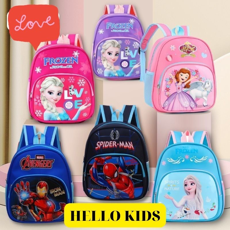 Balo cho bé đi học mẫu giáo mầm non, ba lô cho bé trai bé gái 2 ngăn in hình Sofia Elsa Ironman người nhện Hello Kids