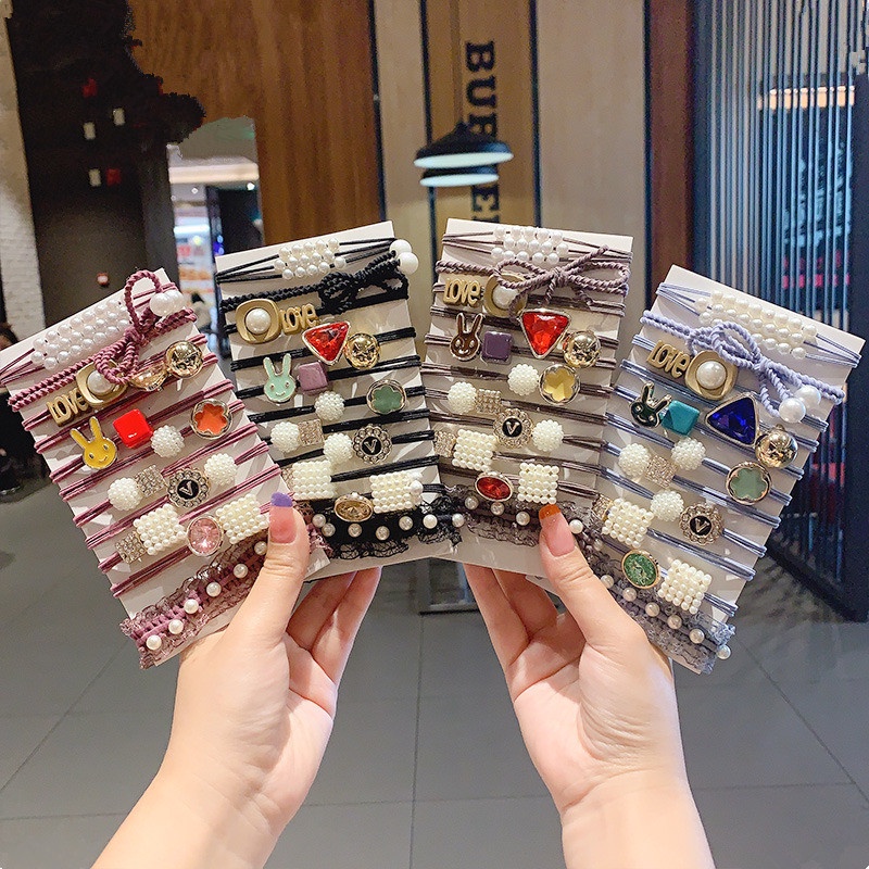 Bộ 11 Dây Cột Tóc Cao Su Đính Ngọc Trai Dễ Thương Phong Cách Hàn Quốc