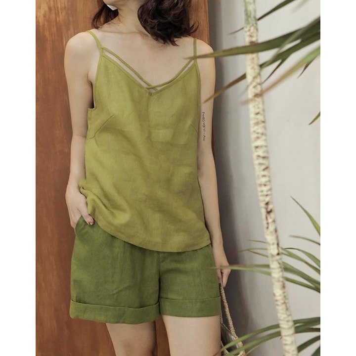 Áo 2 dây nữ, chất liệu Linen tưng gân Premium dây đan chéo trẻ trung
