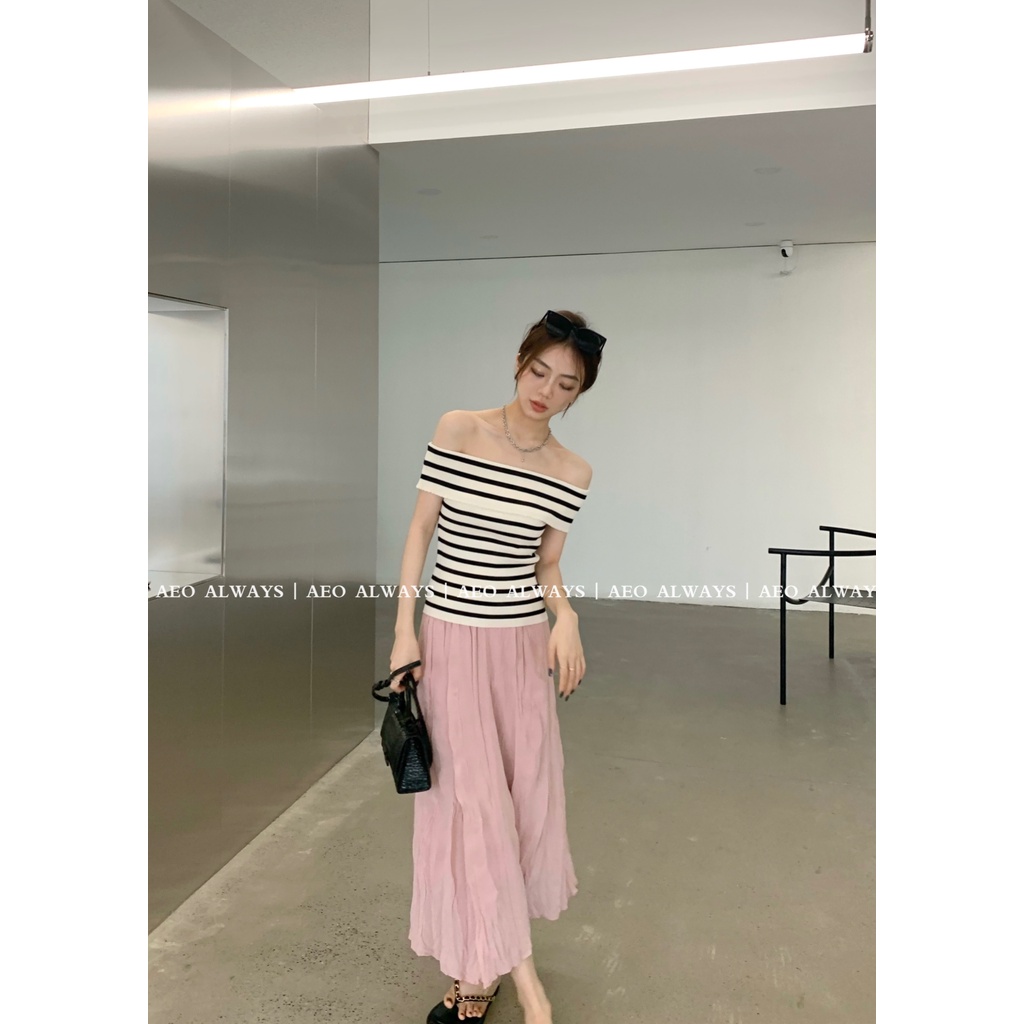 Áo croptop XIAOZHAINV vải dệt kim tay ngắn trễ vai hoạ tiết kẻ sọc thời trang mùa hè quyến rũ