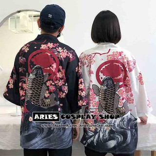 Haori cá chép hoa đào cao cấp, chất vải lanh mịn mát