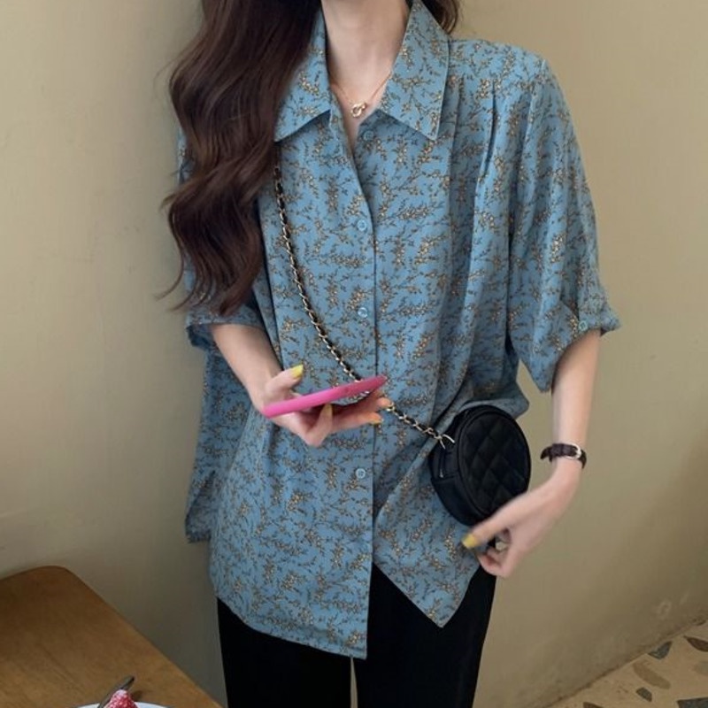 Áo sơ mi RENJIANVSHENG tay ngắn dáng rộng in họa tiết hoa phong cách Hàn Quốc trẻ trung dành cho nữ