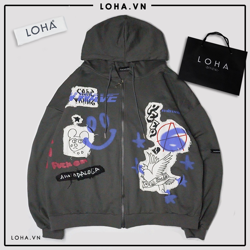 Áo khoác có mũ hoodie hoạ tiết grafiti xám rêu áo nỉ mỏng thu đông thời trang LOHA