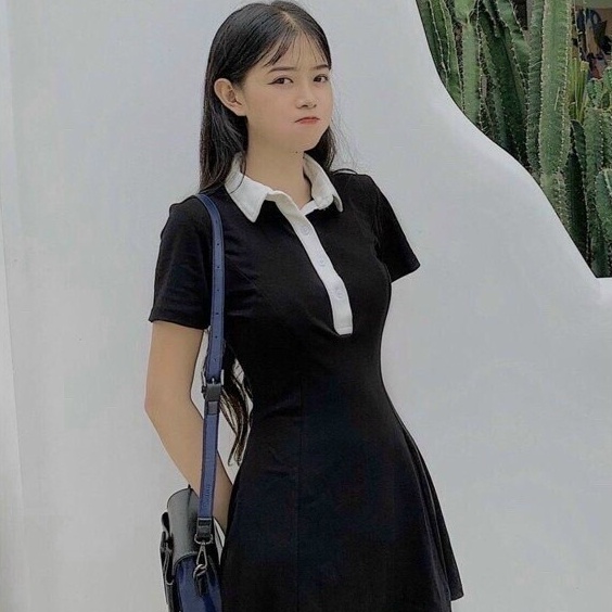 Đầm ôm body polo phối màu đính cúc cho nữ đi chơi dạo phố đầm công sở