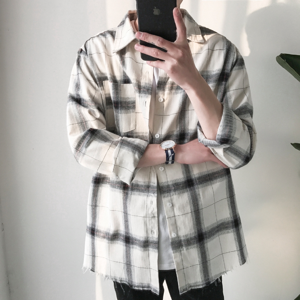Áo sơ mi tay dài họa tiết kẻ caro phong cách Nhật Bản cho nam | BigBuy360 - bigbuy360.vn