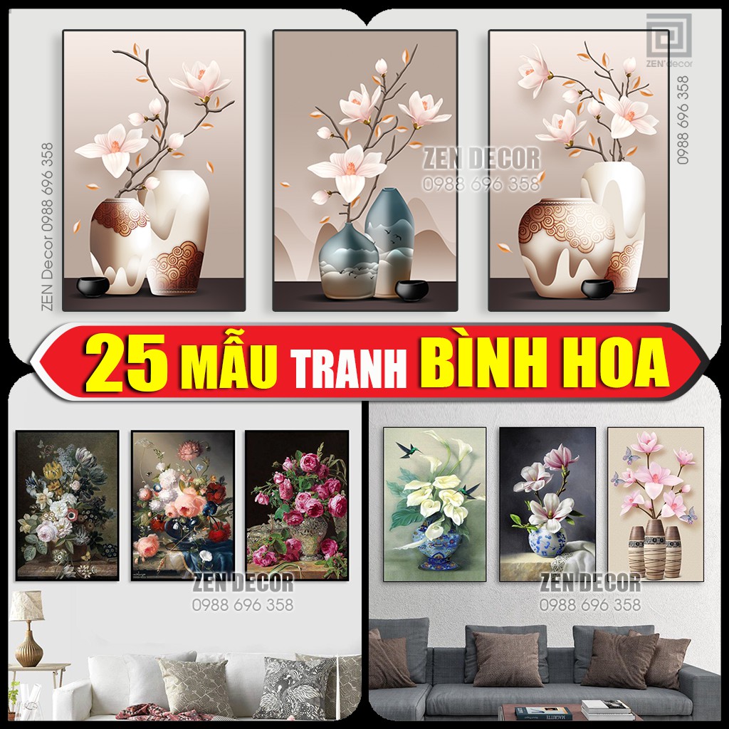 Tranh bình hoa đẹp treo tường, Chất vải Canvas, có khung nổi sáng bóng