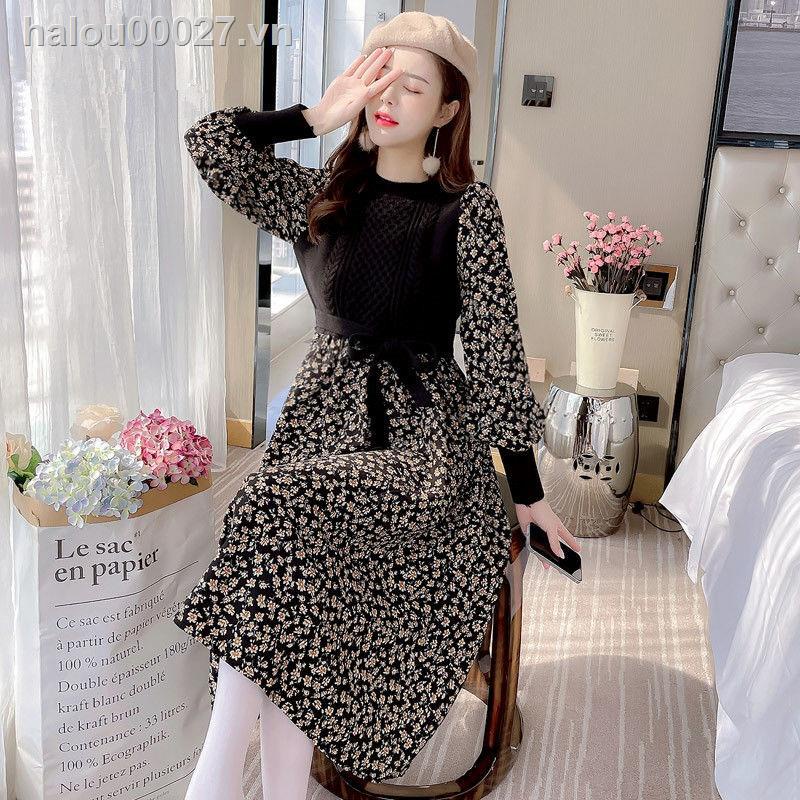 Đầm dệt kim in hoa thời trang mùa đông năm mới cho nữ