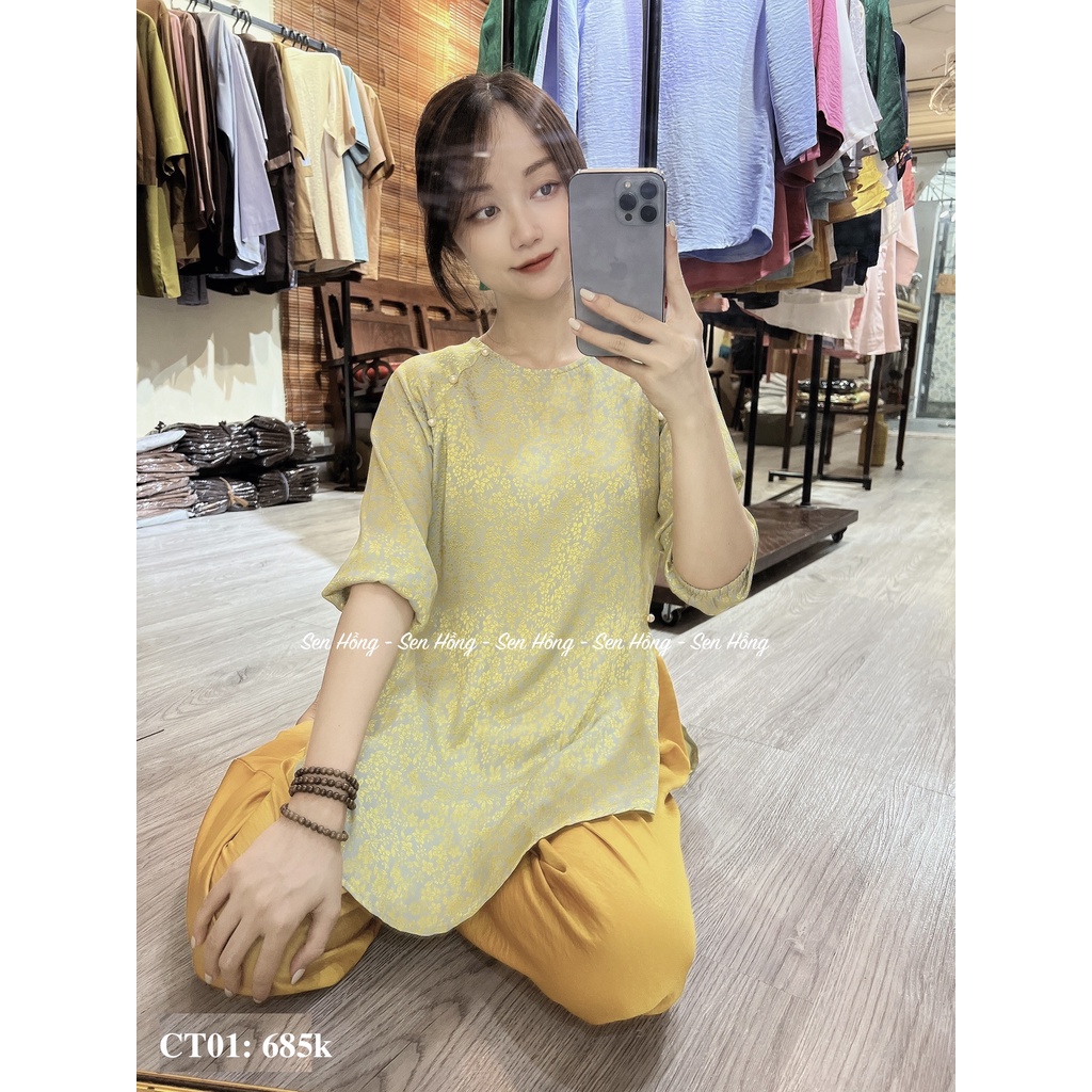 QUẦN ÁO ĐI CHÙA CAO CẤP GẤM THÁI TUẤN - Mẫu cách tân đính cúc ngọc sang chảnh # pháp phục quần áo Phật tử nữ CT01