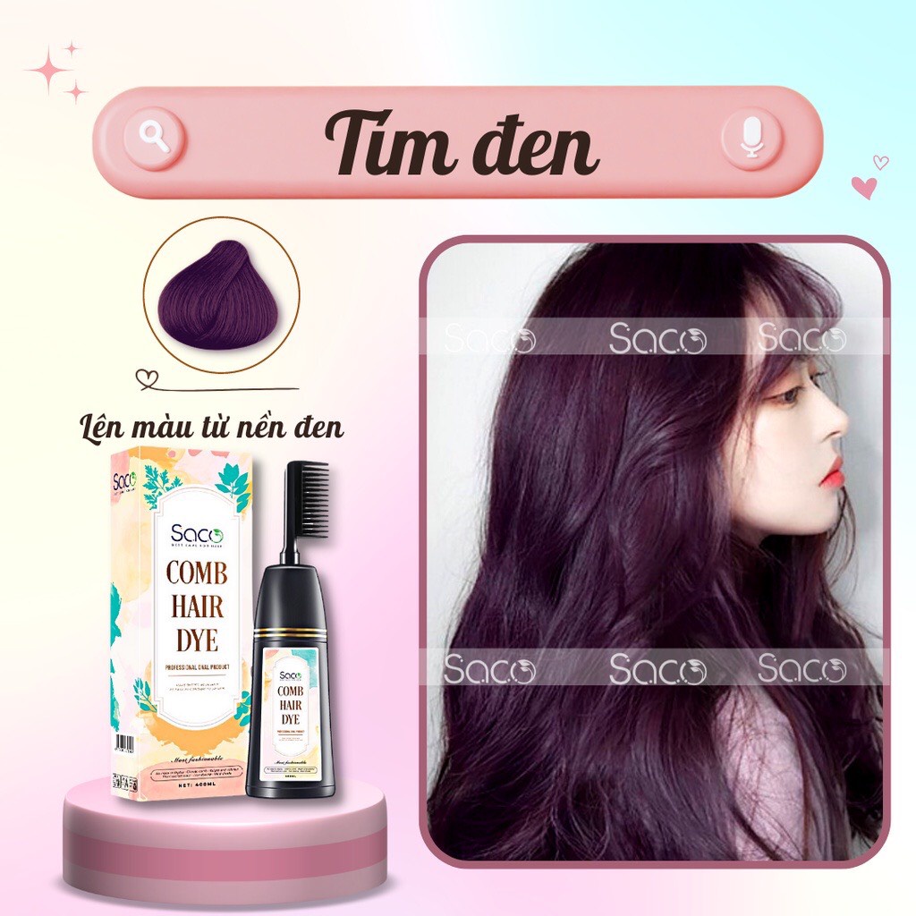 Lược nhuộm tóc Saco màu Tím Đen lên màu từ nền đen, không cần tẩy hay nâng tone chai 400ml