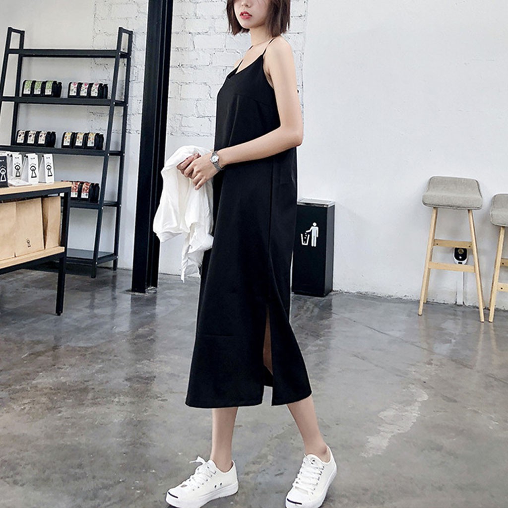 Váy 2 dây dáng dài, chất lụa basic, đầm ngủ suông có thể mặc đi biển, có màu trắng, đen CRD001