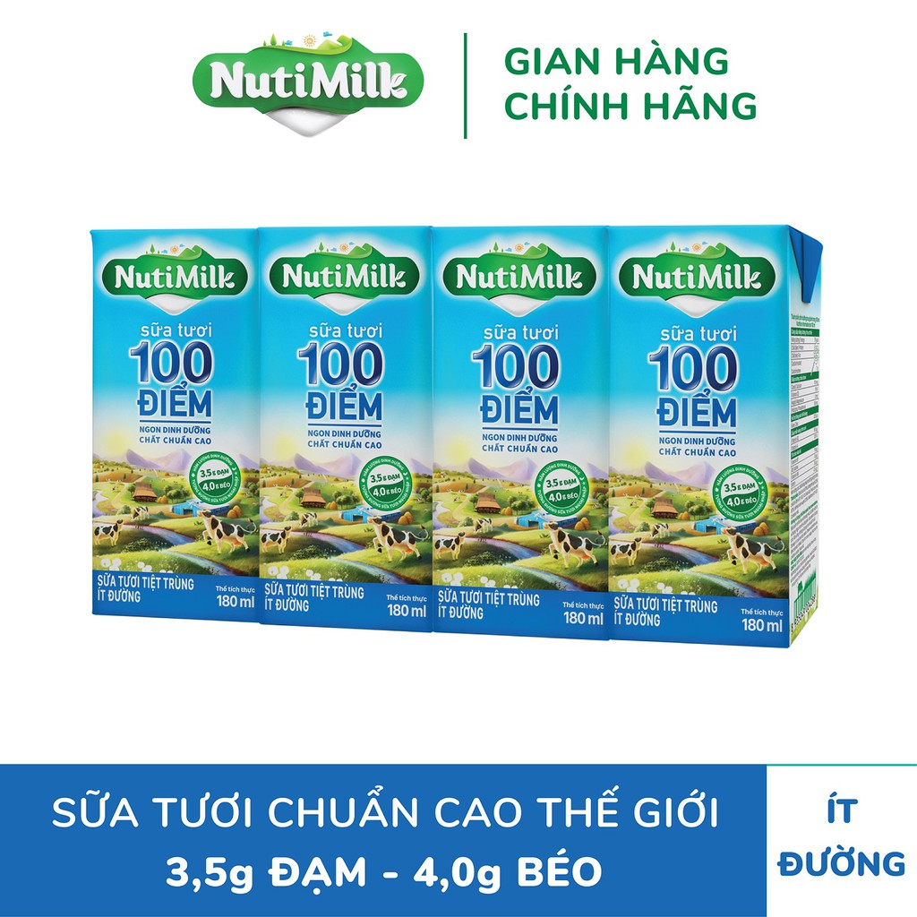 [BÉ KHỎE BÉ ĐẸP] 1 Thùng/48 Hộp NUTIMILK Sữa Tươi Tiệt Trùng 100 Điểm 180mL Không đường/ ít đường/ Có đường/ Đường Đen