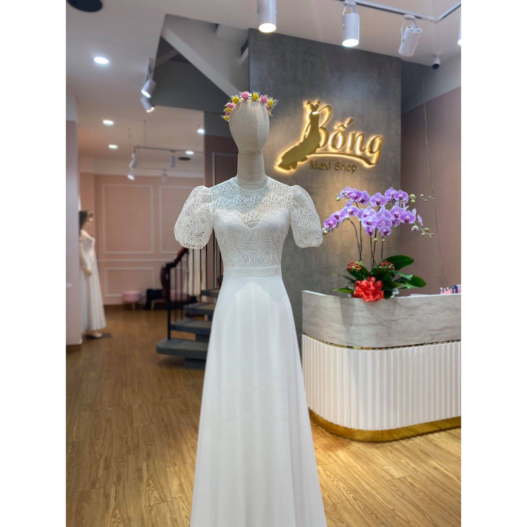 DC569 ĐẦM CƯỚI REN HỌA TIẾT CHÂU TÔN TAY CON