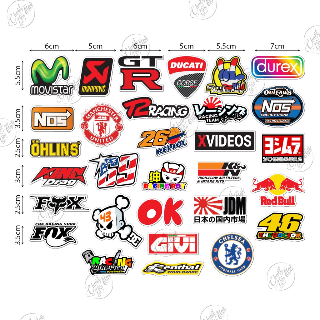 Bộ 60 logo tem xe không trùng decal hình dán chống nước chất lượng cao racing boy