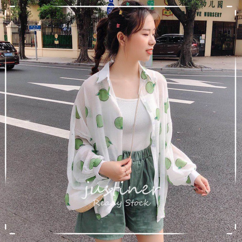 Áo Sơ Mi Chiffon Tay Dài Cổ Bẻ In Họa Tiết Trái Cây Phong Cách Hàn Quốc Thời Trang Cho Nữ